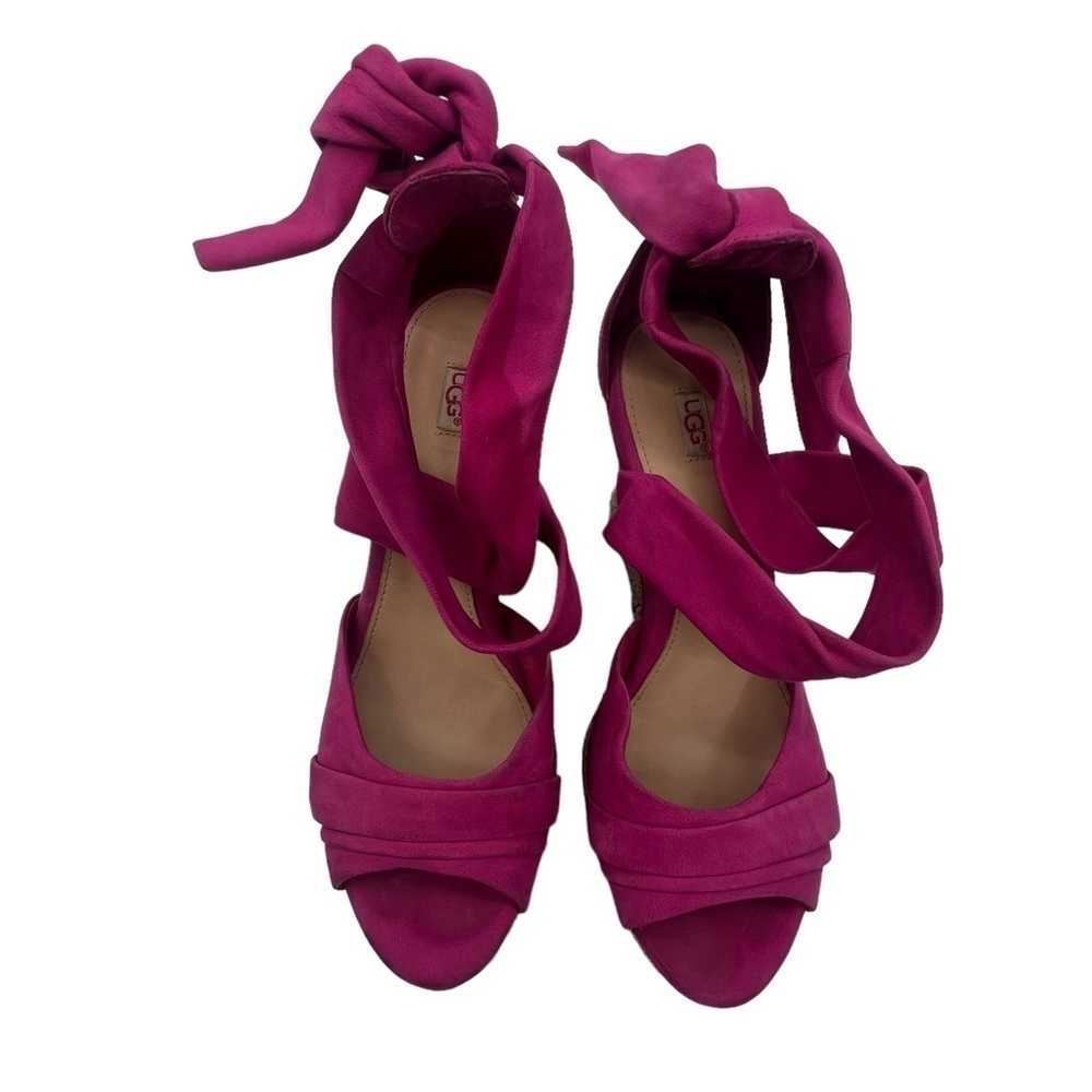 UGG Pink Lucy Espadrille Bow Tie Ankle Strap Jute Wedge Sandals Size 8.5 Women’s - Picture 5 of 9